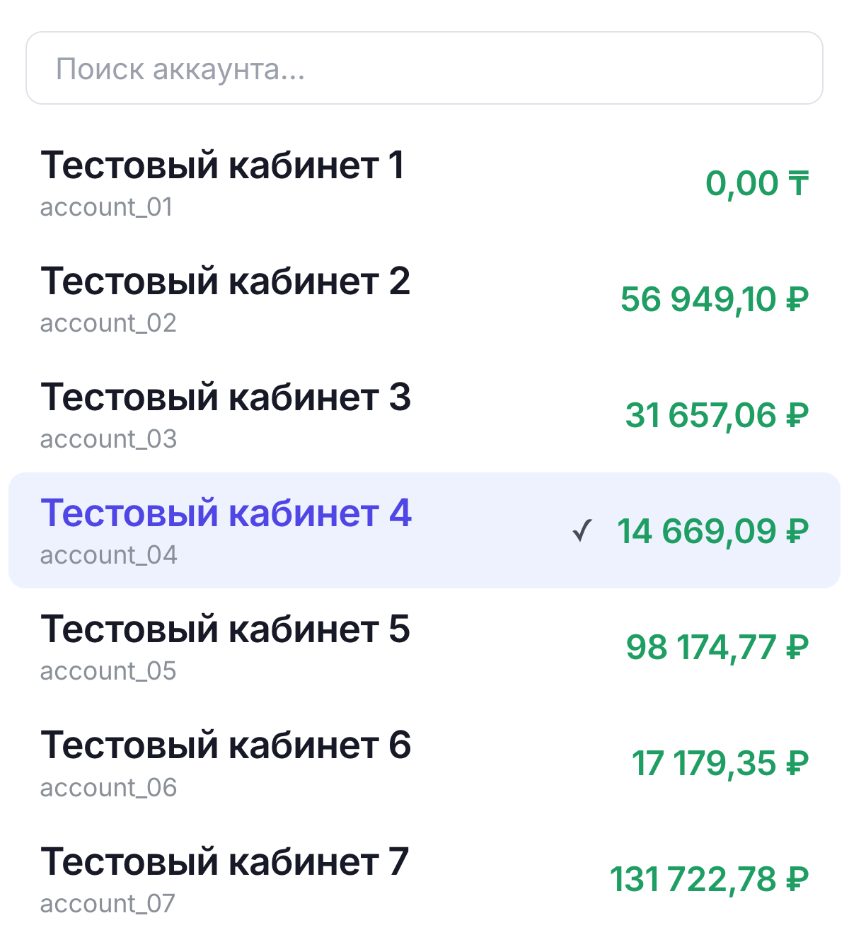 Дропдаун переключения кабинетов со списком «Тестовый кабинет 1–7» и активным «Тестовый кабинет 4».